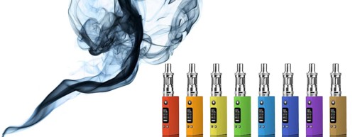 Eight multicolored electronic cigarettes and smoke, isolated on white background