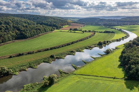 Aerial view of the Weser river south of castle Fürstenberg, Weserbergland, Germany, Europe