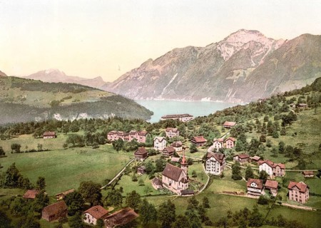 Morschach and Axenstein, Vierwaldstaettersee, Switzerland, Historical, digitally restored