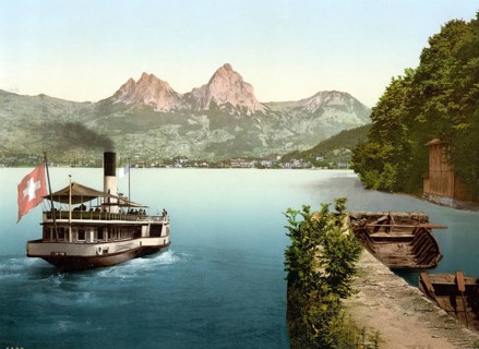 Treib und Mythen, Vierwaldstaettersee, Switzerland, Historical, digitally restored reproduction