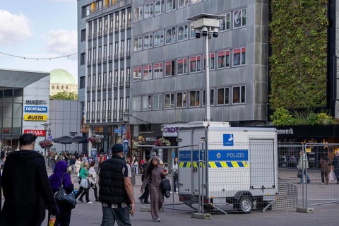 Police video surveillance at the Porschekanzel, in front of the Marktkirche in the city centre of