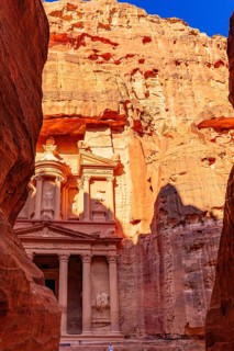 View of the Treasury or Al-Khazneh from the Siq, Petra, Jordan, Asia