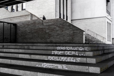 Graffiti on steps below the Franklinbrücke, a road and pedestrian bridge in Düsseldorf-Pempelfort,