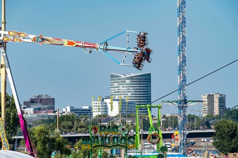 The Rhine Fair in Düsseldorf, in the Rhine meadows in the Oberkassel district, on the Rhine, North