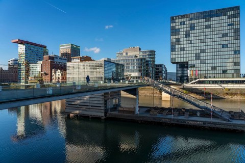 Media Harbour, Düsseldorf, old and modern architecture in the former harbour, a mixture of offices,