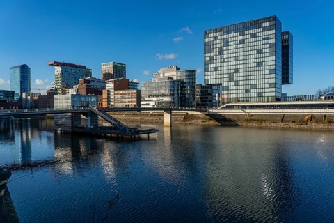 Media Harbour, Düsseldorf, old and modern architecture in the former harbour, a mixture of offices,