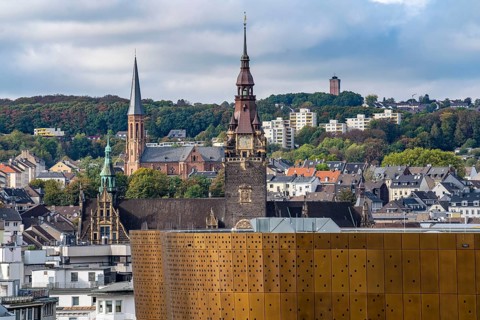 Skyline of Wuppertal, city centre with the town hall, view over the Nordstadt, North