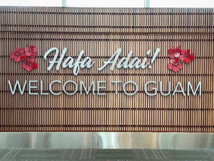 Welcome in two languages, Welcome to Guam, Welcome to Guam, Hafa Adai at Antonio B. Won Pat
