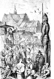 Brandenburg market in the 17th century, crowd, market stall, stalls, Roland, trade, old town,