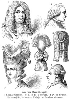 Artistic wigs of the 17th century, various views, hairstyle, curls, jewellery, tied hair, Prussian