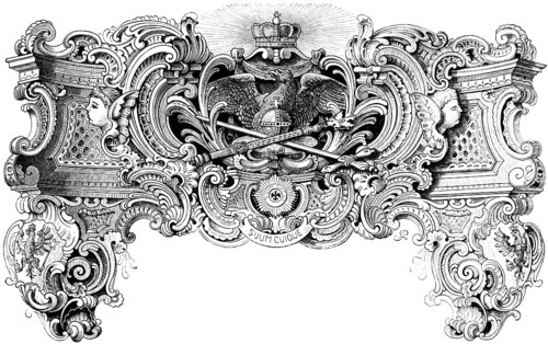 Symbols of Prussian history, royal insignia, crown, sceptre, orb, sword, medals, motto Suum Cuique,