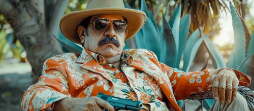 Mexican drug lord criminal and cartel operative. Concept of criminal life and corruption, AI