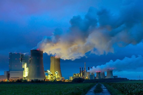 Neurath lignite-fired power station, power station units A, E, cooling towers, town of