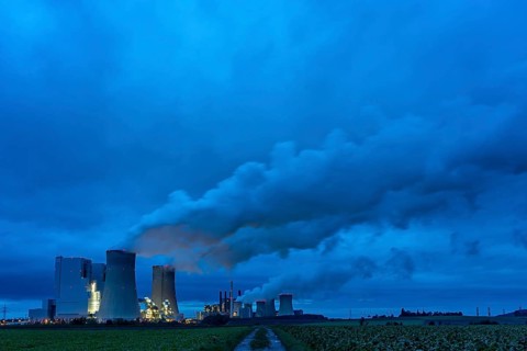 Neurath lignite-fired power station, power station units A, E, cooling towers, town of