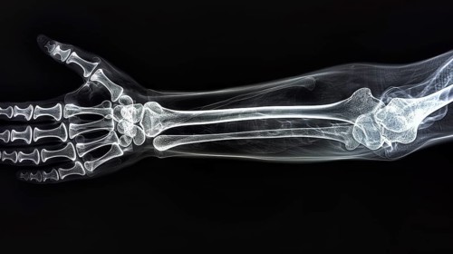X-ray image of a human arm displaying bones and joints against a black background, AI generated