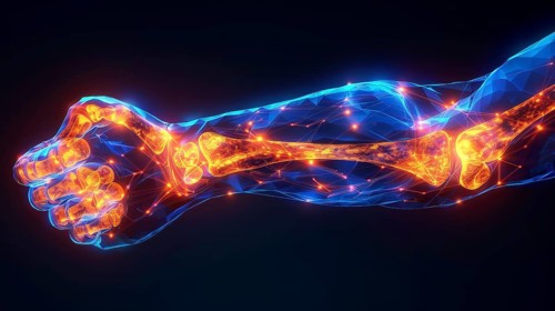 A glowing neon digital representation of an arm and its bones, showcasing a futuristic anatomical