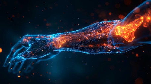 Abstract illustration of an arm composed of glowing blue and orange digital particles on a dark