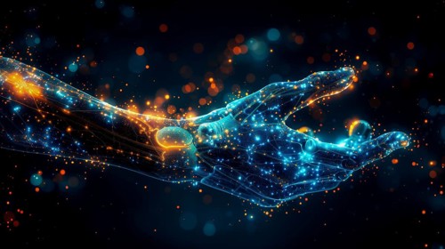 Abstract digital illustration of a hand composed of glowing blue and orange particles set against a