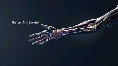 Minimalistic medical illustration of a human arm's skeletal structure on a dark background, AI