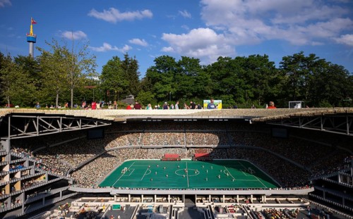 Miniland view of the Allianz Arena, interior view, observation tower, LEGOLAND theme park, Germany,