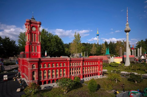 Miniland Berlin with Red Town Hall, Alex TV Tower, Observation Tower, LEGOLAND theme park, Germany,