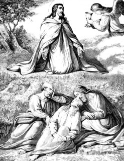 Jesus in prayer, Gospel of Mark chapter 14, angel with chalice, sleeping, outdoors, New Testament,