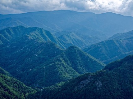 Mountain landscape in the Foreste Casentinesi National Park in the Apennines in Romagna. Corniolo,