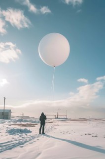 A meteorologist or technician is launching a weather balloon from a research site during winter