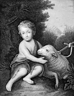 Ecce Agnus Dei or Behold, the Lamb of God, Lamb symbolising Jesus Christ, boy with cross in nature,