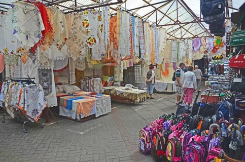 Textiles in border market at the German border in Swinoujscie, Swinemünde, West Pomerania, Poland,