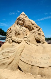 Jozef Pilsudski, Poland's first head of state as a sand figure in Swinoujscie, Swinemünde, West