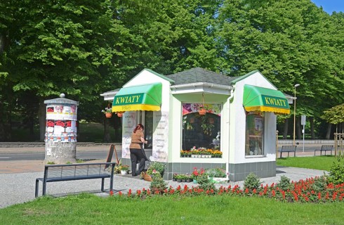Small flower shop in Swinoujscie, Swinemünde, West Pomerania, Poland, Europe