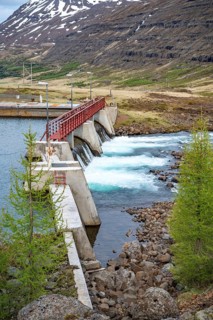 Dam at a river near Seydisfjordur, Iceland, vertical shot, Europe