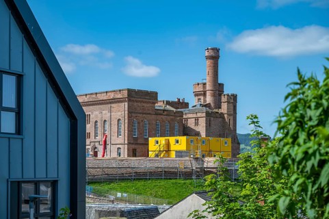 Inverness Castle with construction area in front, Inverness, Scotland, United Kingdom, Europe