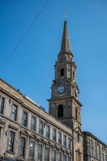 Inverness Town Steeple Tolbooth clock tower, low angle view, vertical shot, Scotland, United