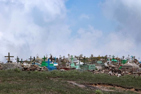A view of Crosses above graves at a cemetery in a village near Sohra in Meghalaya, India on 19