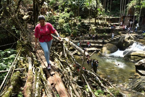 Tourists at the Bouble decker living root bridge amid COVID-19 coronavirus pandemic, in Nongriat