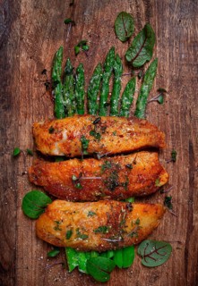 Fried fish fillet, tilapia with asparagus, homemade, no people