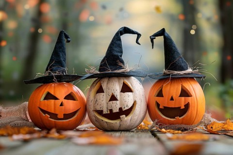 Three carved Halloween pumpkins with witch hats. Generative Ai, AI generated