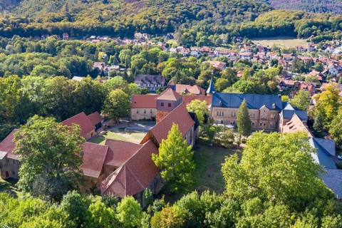 Aerial view of Ilsenburg monastery, village Ilsenburg, Harz, Germany, Europe
