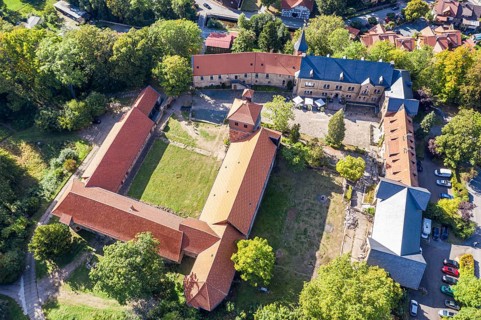 Aerial view of Ilsenburg monastery, village Ilsenburg, Harz, Germany, Europe