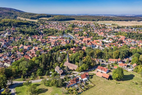 Aerial view of village Ilsenburg, Harz, Germany, Europe
