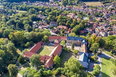 Aerial view of Ilsenburg monastery, village Ilsenburg, Harz, Germany, Europe