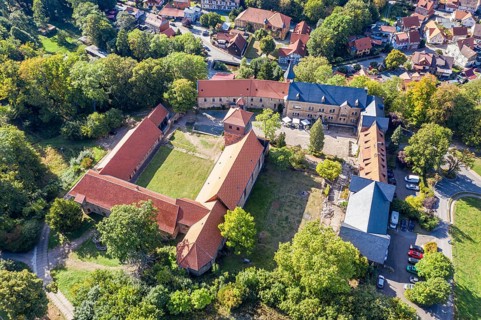 Aerial view of Ilsenburg monastery, village Ilsenburg, Harz, Germany, Europe