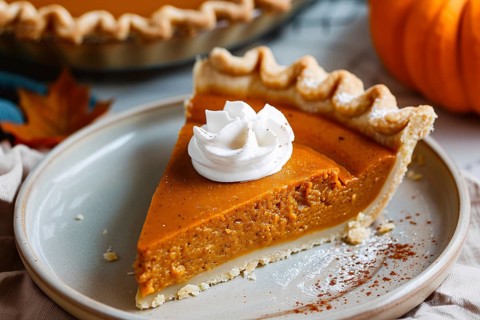 Single slice of pumpkin pie with cream on plate. Generative Ai, AI generated