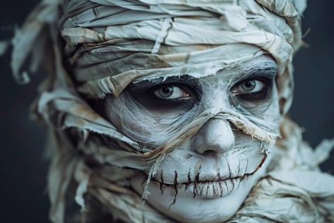 Woman with Halloween mummy makeup and costume bandages. generative ai, AI generated