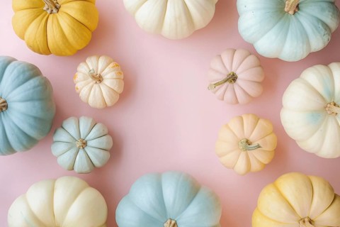 Colorful pumpkins on pastel pink background with copy space. Generative AI, AI generated