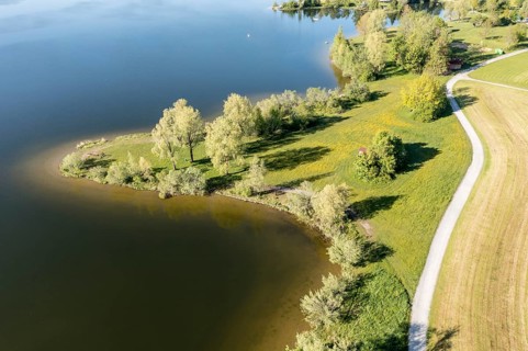 Aerial view of a small peninsula of lake Rottachsee, meadows of bathing area, Allgäu, Bavaria,