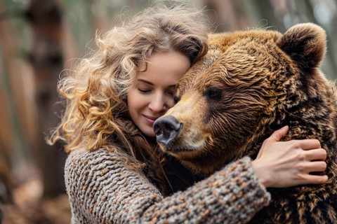 Woman hugging bear in forest. Concept for man or bear debate. Generative Ai, AI generated