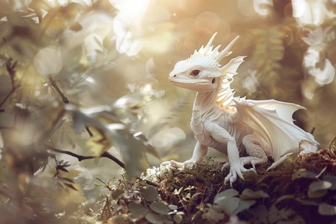 Small white dragon in forest. Generative Ai, AI generated